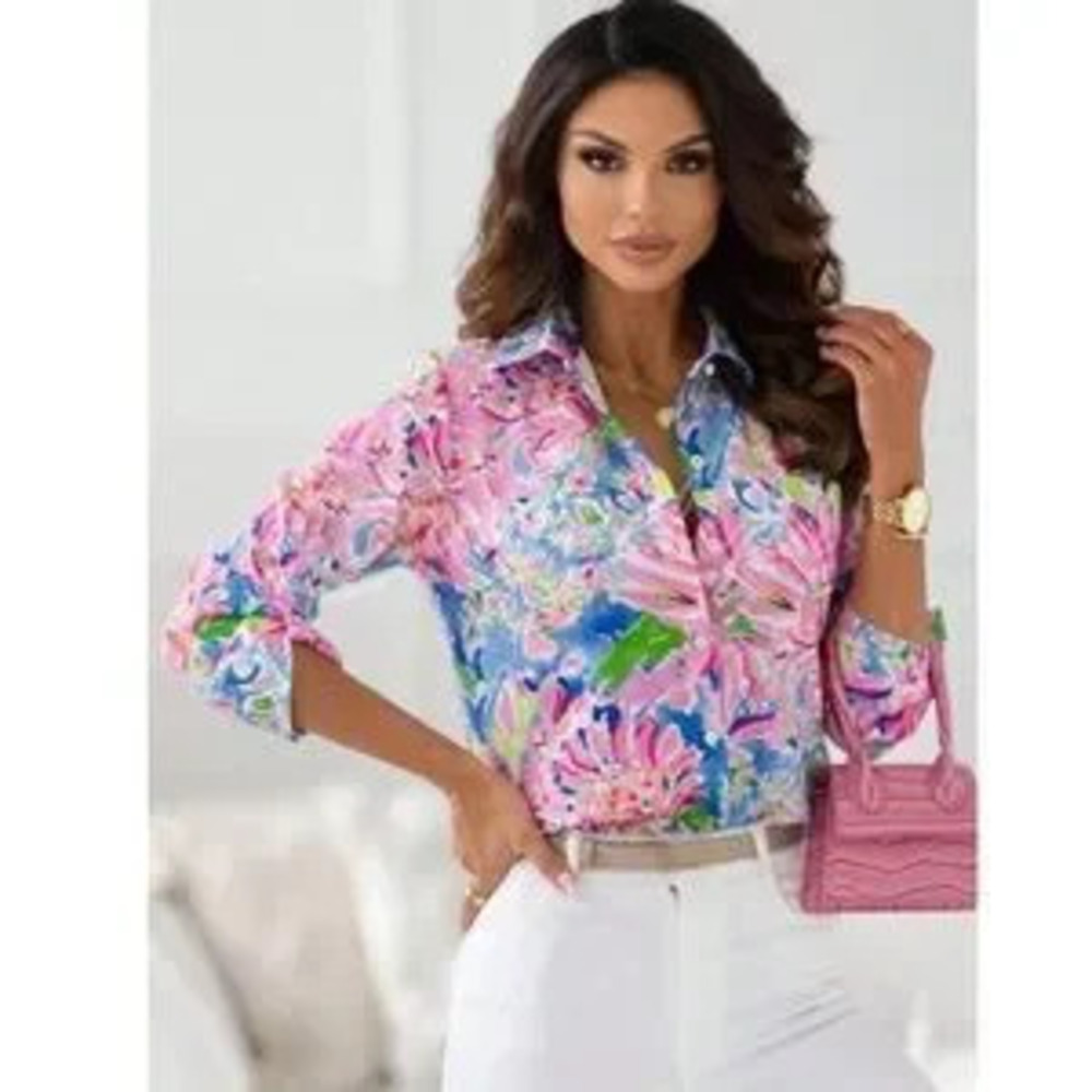 Floral Print Button Down Shirt Top Long Sleeve Collared Pink Blue Multicolor - Picture 2 of 5